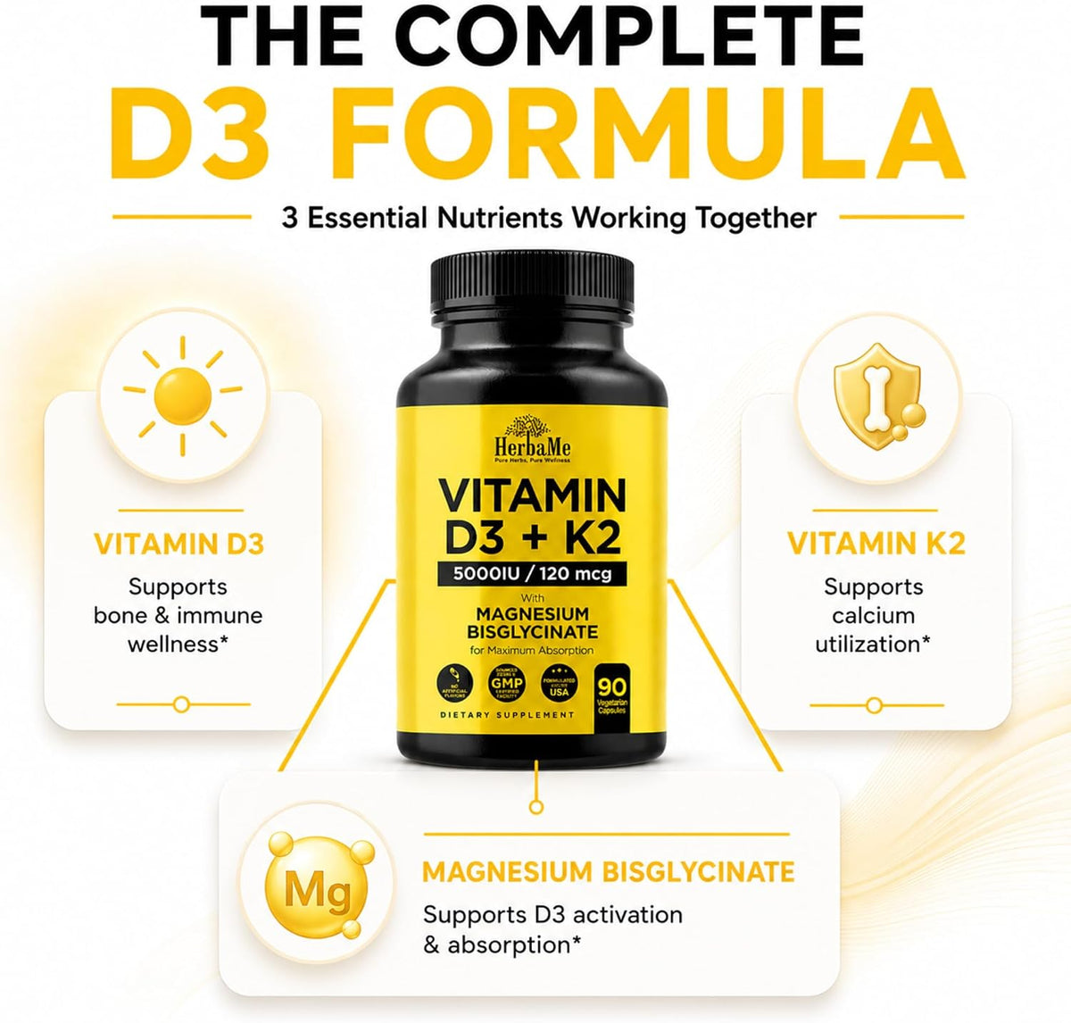 HerbaMe Vitamin D3 5000 IU + K2 with Magnesium Bisglycinate - Bone, Muscle & Immune Support - 90 Capsules - görsel 3