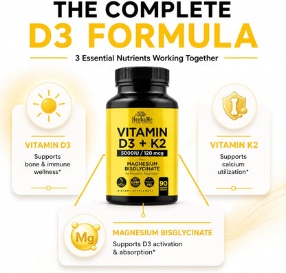 HerbaMe Vitamin D3 5000 IU + K2 with Magnesium Bisglycinate - Bone, Muscle & Immune Support - 90 Capsules