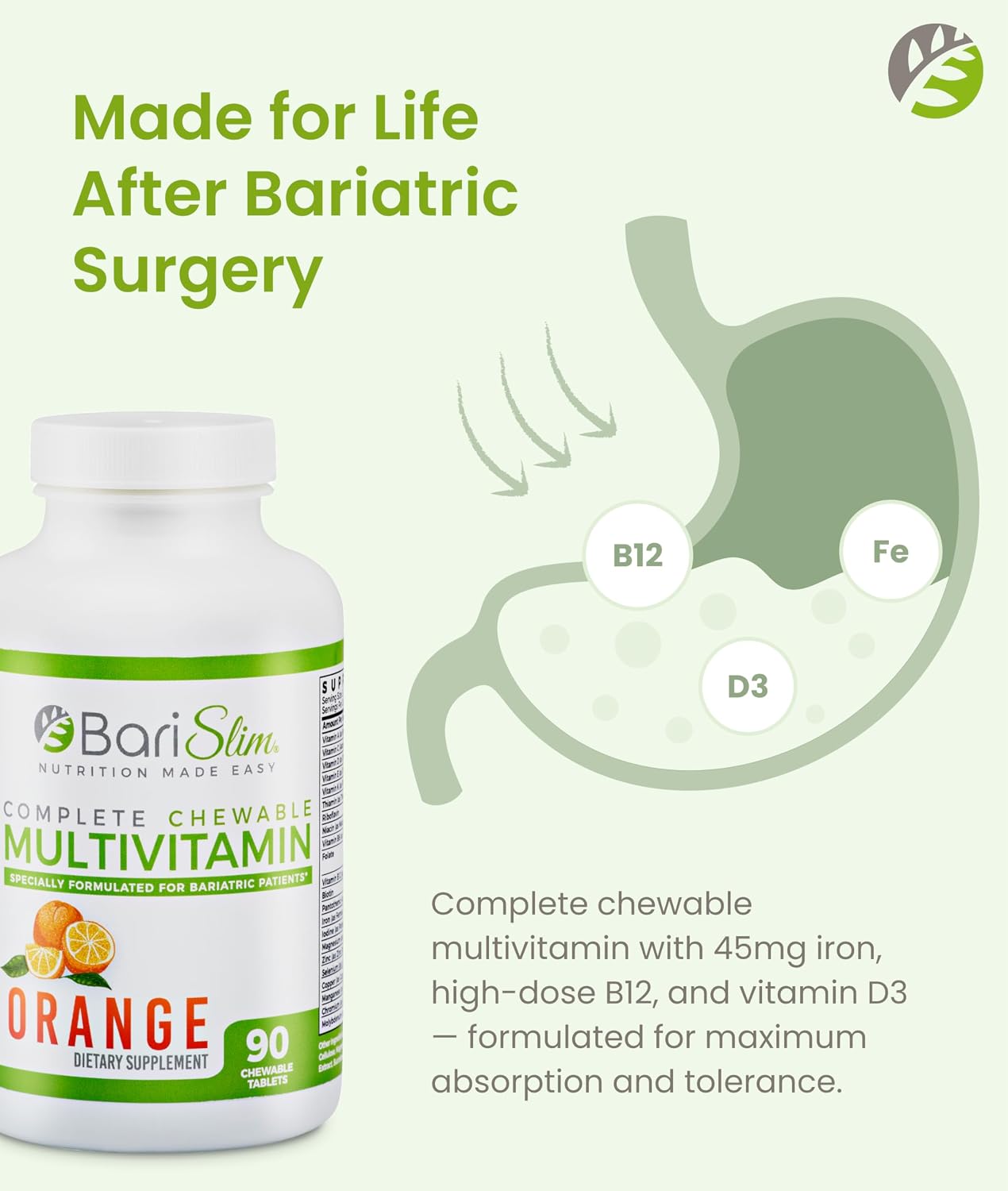 BariSlim Complete Chewable Bariatric Multivitamin - 45 mg Iron - Post Weight Loss Surgery Support - Mixed Berry - 90 Tablets - görsel 3