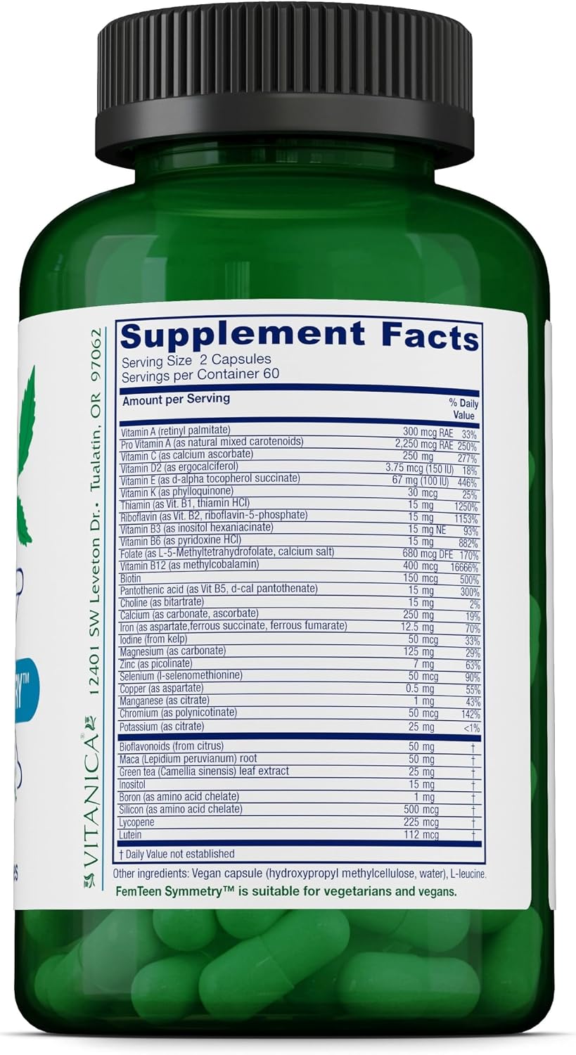 Vitanica FemTeen Symmetry, Vitamins for Teens, Daily Multivitamin, Vegan, 120 Capsules - görsel 2