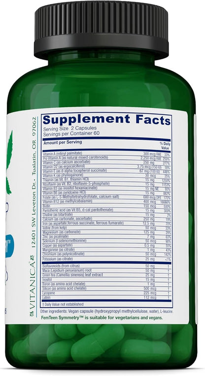 Vitanica FemTeen Symmetry, Vitamins for Teens, Daily Multivitamin, Vegan, 120 Capsules