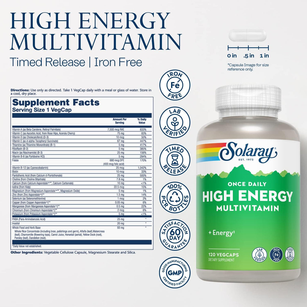 SOLARAY High Energy Multivitamin, No Iron, Timed-Release, Wholefood & Herb Base, 120 VegCaps - görsel 2
