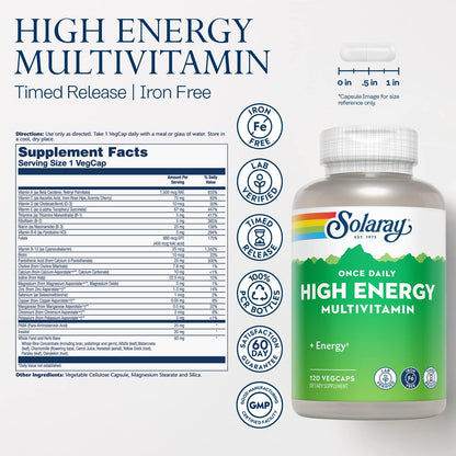 SOLARAY High Energy Multivitamin, No Iron, Timed-Release, Wholefood & Herb Base, 120 VegCaps