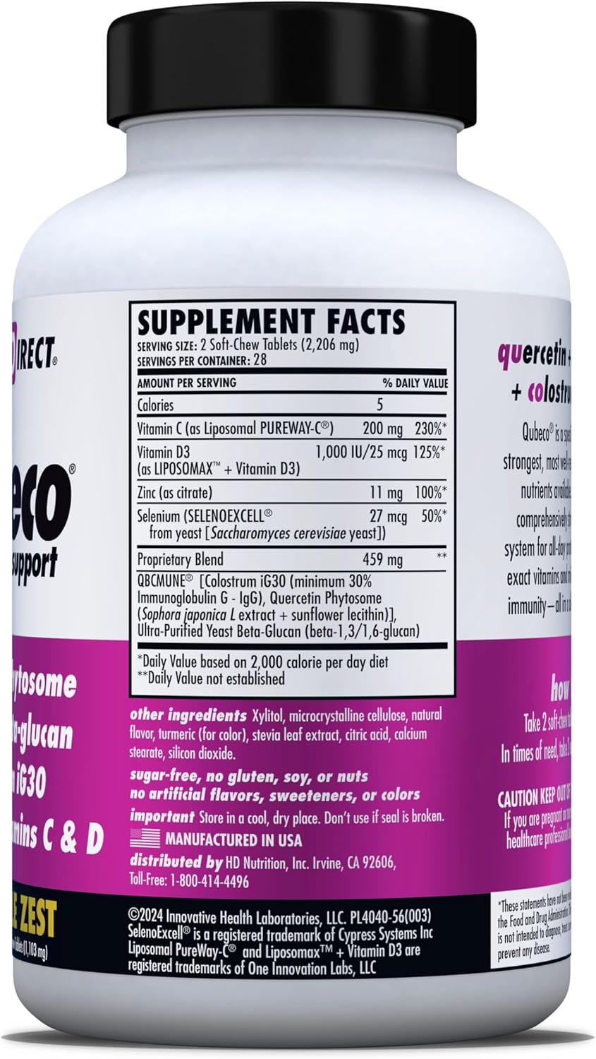 HEALTH DIRECT - Qubeco Immune Support with Vitamin D3, Liposomal Vitamin C, Quercetin, Beta-Glucan, Colostrum, Zinc & Selenium - 56 Soft Chew Tablets - Pineapple Zest - görsel 4
