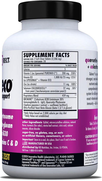 HEALTH DIRECT - Qubeco Immune Support with Vitamin D3, Liposomal Vitamin C, Quercetin, Beta-Glucan, Colostrum, Zinc & Selenium - 56 Soft Chew Tablets - Pineapple Zest