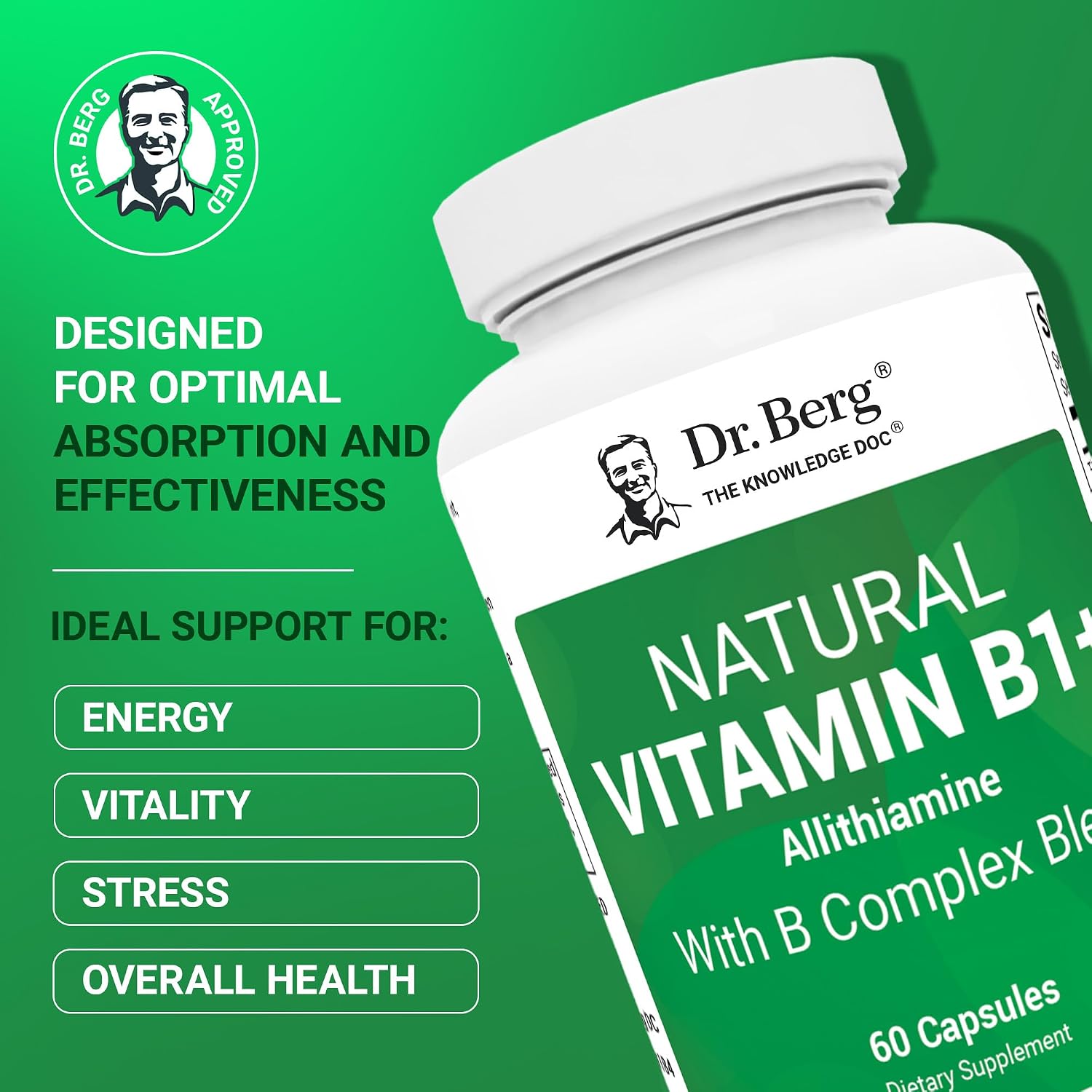 Dr. Berg Natural Vitamin B1 B6 B12 Complex with Allithiamine and Magnesium - 60 Capsules - görsel 2