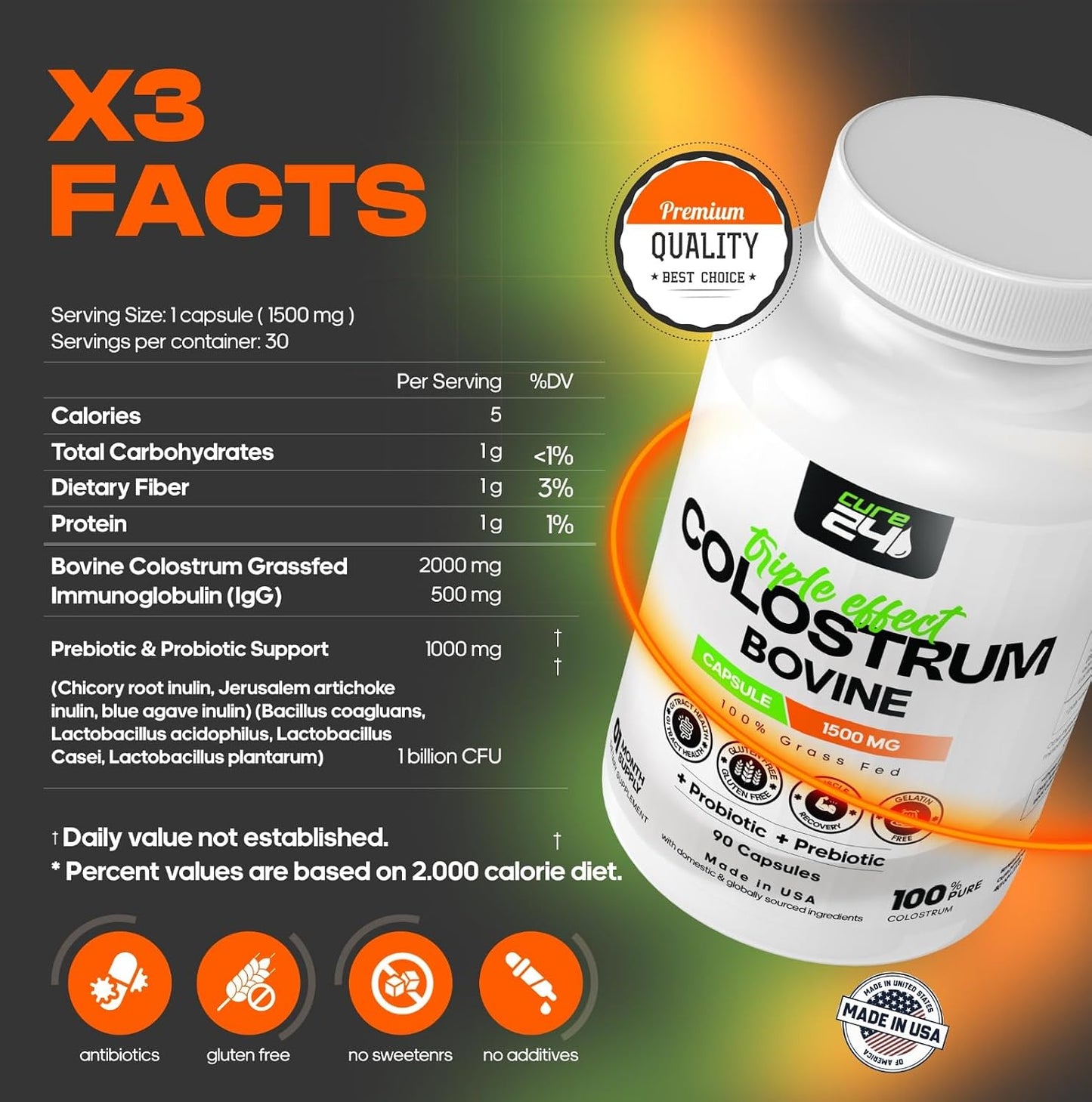Cure24 Bovine Colostrum X3 Powder – 100% Pure Whole Natural Grass-Fed Superfood with High IgG, Probiotics and Prebiotics, Unflavoured - görsel 2