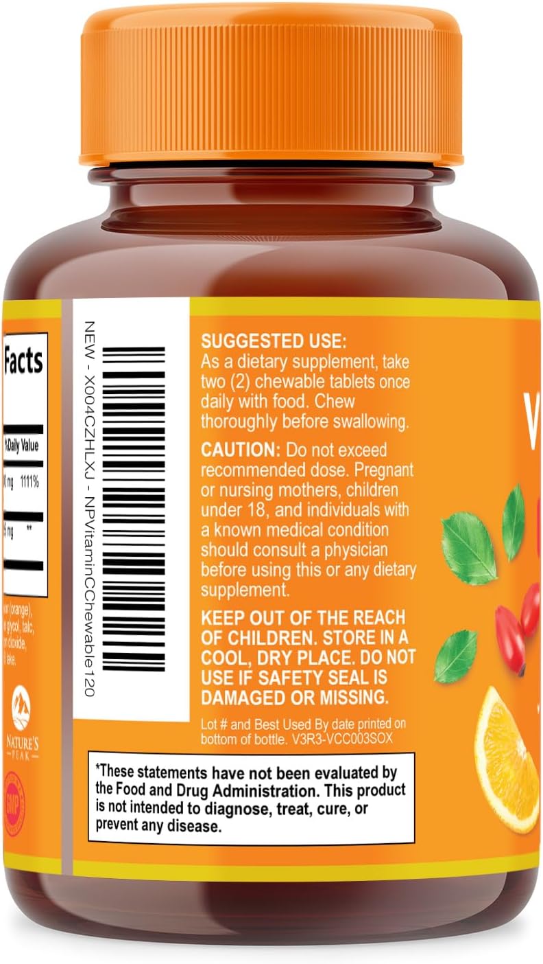 Nature's Peak Vitamin C 1000mg with Rose Hips - Chewable Tablets, Sugar-Free Orange Flavour, 120 Tablets - görsel 8