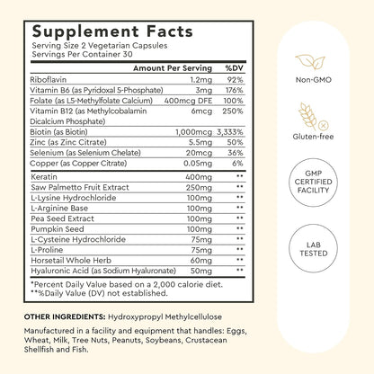 Alaya Hair Essentials - Hair Supplement with Biotin, Keratin, Folate, Vitamin B12, B6 - Laboratory Tested - Gluten-Free - 30 Day Supply
