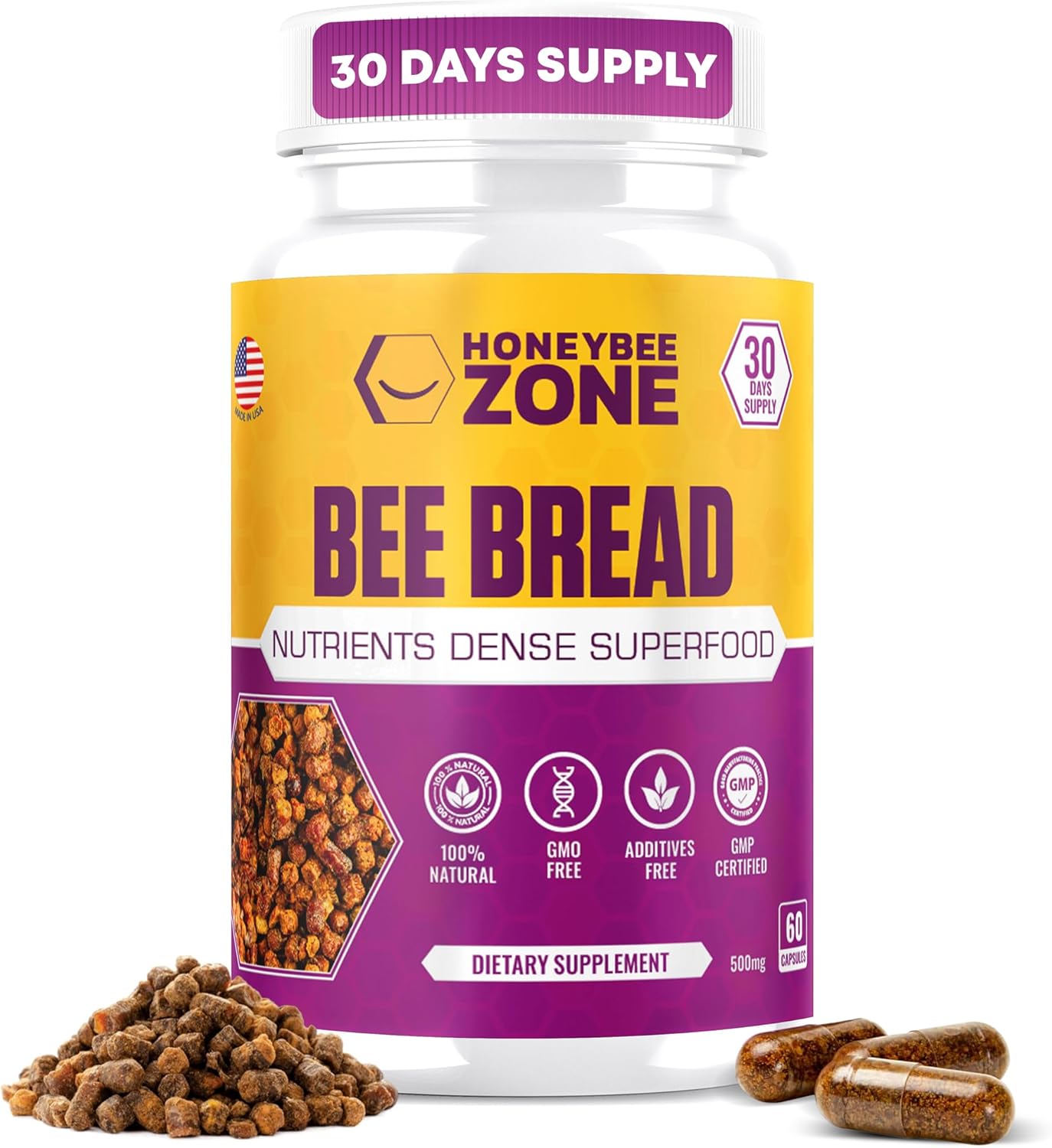 HONEYBEEZONE Bee Bread Capsules – Nutrient-Rich Superfood for Energy Boost, Immune Support Supplement | Non-GM, Gluten-Free, 60 Veggie Capsules - görsel 1