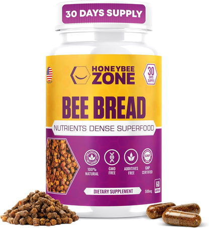HONEYBEEZONE Bee Bread Capsules – Nutrient-Rich Superfood for Energy Boost, Immune Support Supplement | Non-GM, Gluten-Free, 60 Veggie Capsules