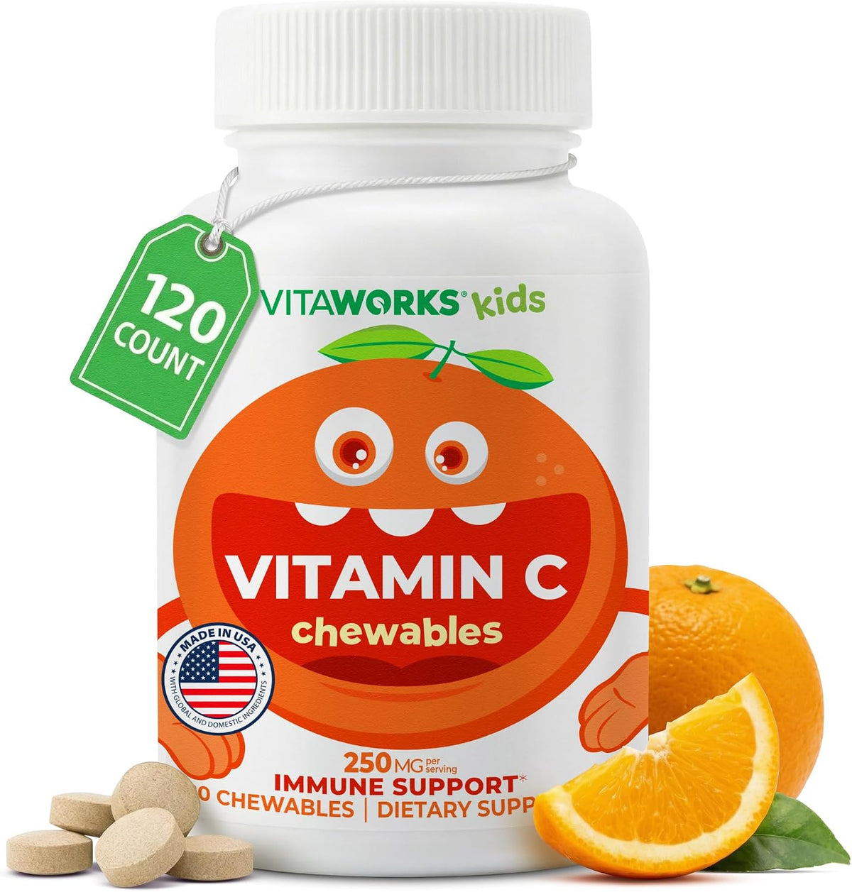 VitaWorks Kids Vitamin C Chewable Tablets - 250 mg - Natural Orange Flavour - 120 Count - görsel 1