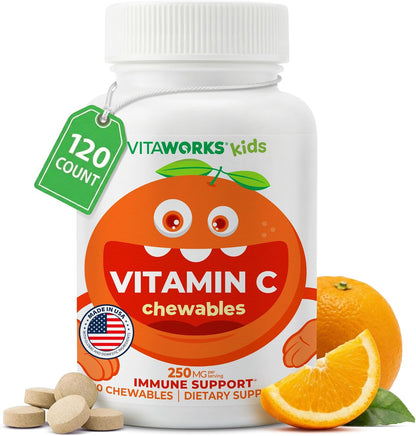 VitaWorks Kids Vitamin C Chewable Tablets - 250 mg - Natural Orange Flavour - 120 Count