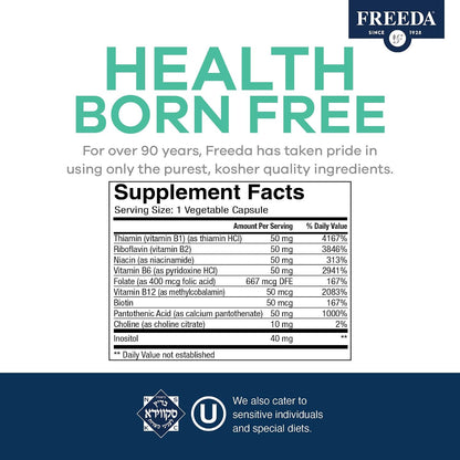 FREEDA Vitamin B-50 Complex – Super Quints B-Complex with B1, B2, B3, B5, B6, Biotin, Folate, B12, Choline & Inositol – Vegan, 100 Capsules