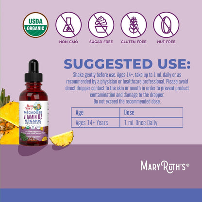 MARYRUTH'S Vitamin D3 Liquid Drops | Megadose 4000 IU | USDA Organic Liquid Vitamin D Spray for Adults & Kids | Immune Support & Bone Health | Vegan | Gluten-free | Non-GMO | 30 Servings