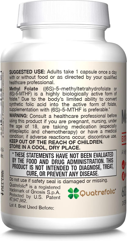 Jarrow Formulae Extra Strength Methyl Folate 400 mcg, Dietary Supplement for Homocysteine Metabolism & Psychological Function, 60 Vegetable Capsules, 60-Day Supply