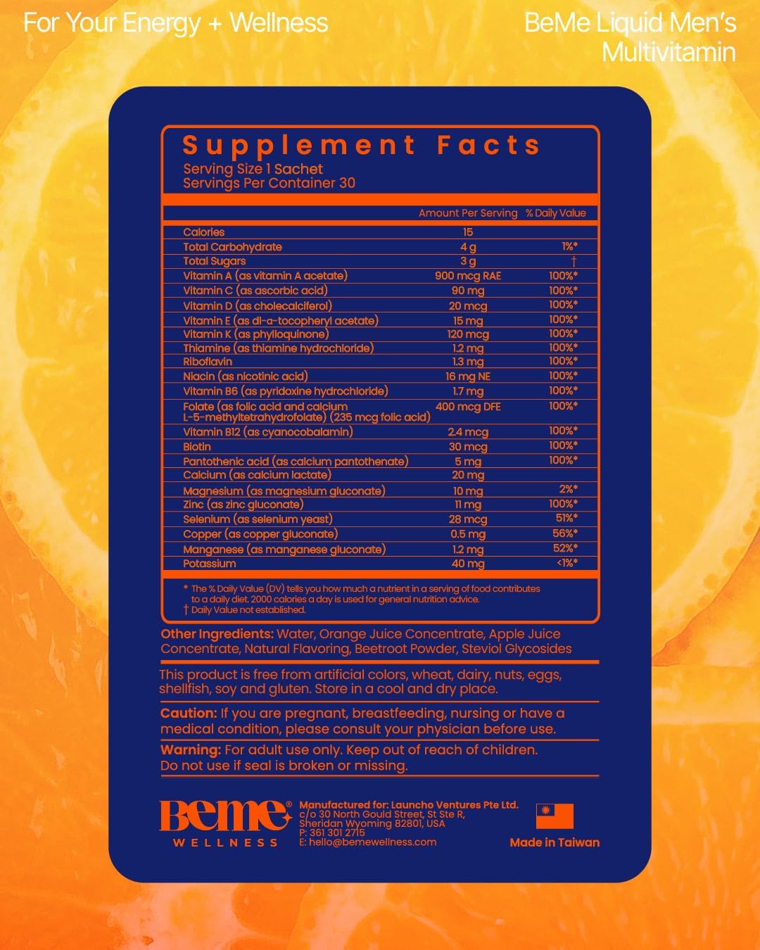 BeMe Liquid Multivitamins for Men - 13 Vitamins & Minerals, Liquid Delivery, Tear & Go Sachets, Orange Flavour (30 Sachets) - görsel 5