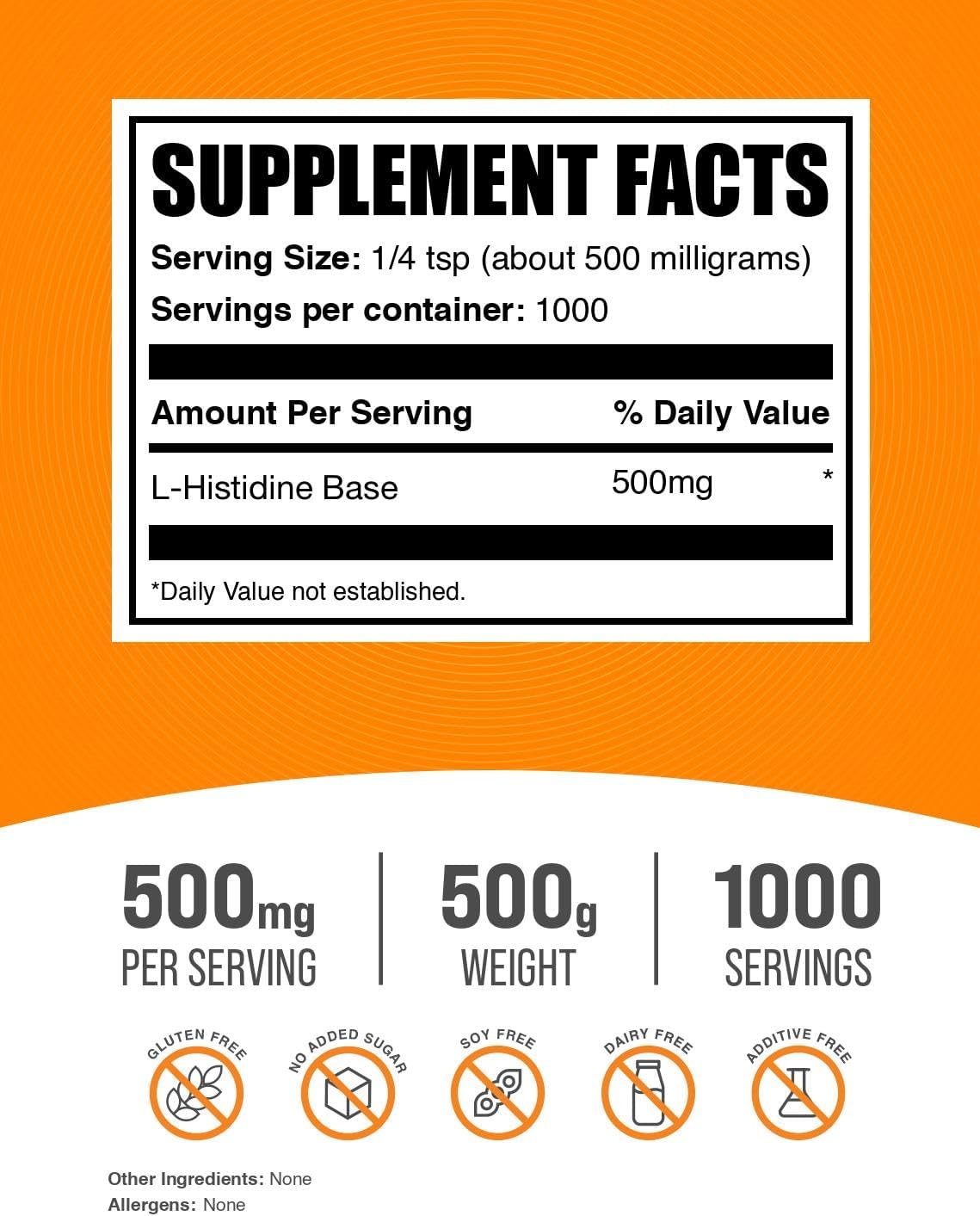 BulkSupplements.com L-Histidine Powder - L-Histidine Base, Essential Amino Acid, Gluten-Free, 500mg per Serving, 500g - görsel 2