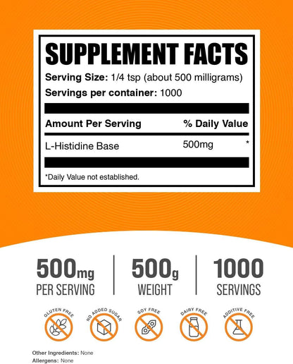 BulkSupplements.com L-Histidine Powder - L-Histidine Base, Essential Amino Acid, Gluten-Free, 500mg per Serving, 500g