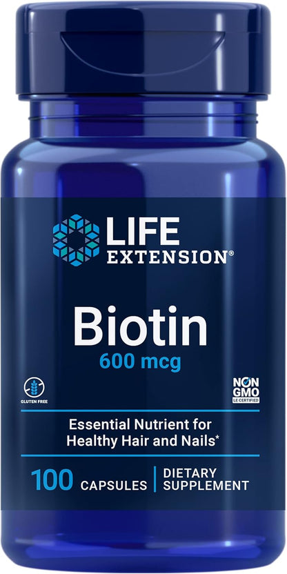 Life Extension Biotin 600 mcg Vitamin B7 Supplement for Hair, Skin & Energy Metabolism – Gluten-Free, Non-GMO – 100 Capsules