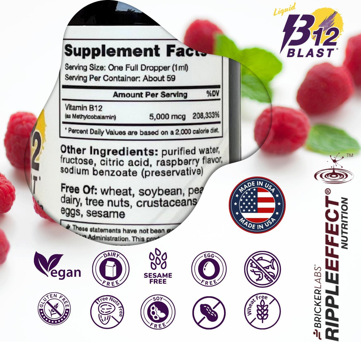 Bricker Labs B12 Blast Methylcobalamin 5000mcg Sublingual Liquid - Vegan B12 Energy Supplement - görsel 7