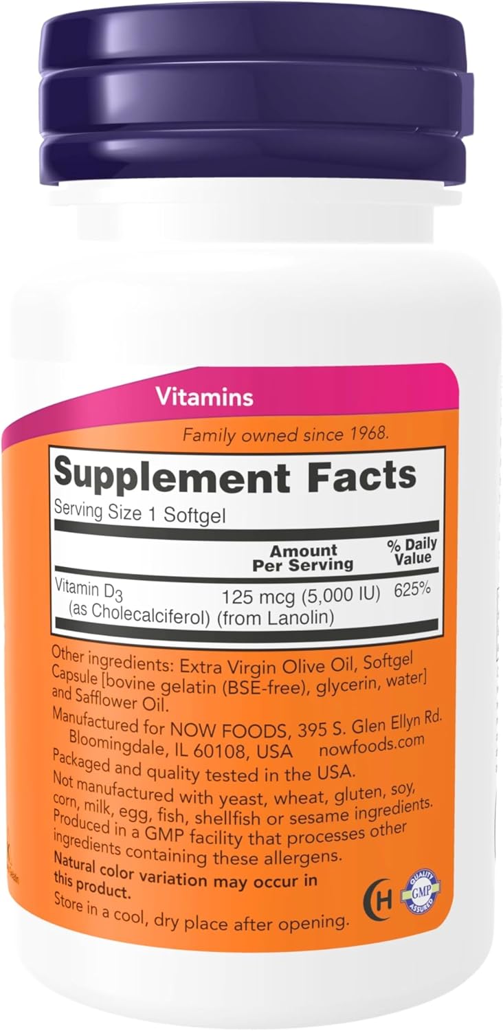 NOW Foods Vitamin D-3 5,000 IU, High Potency, 240 Softgels - görsel 2