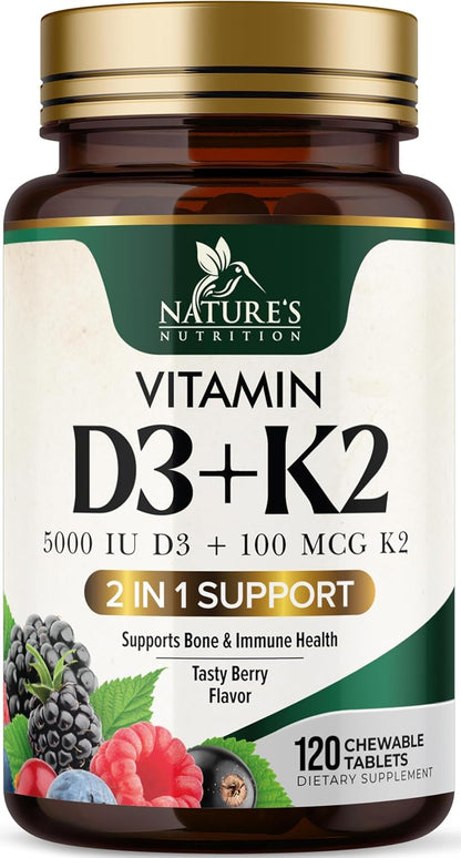 Vitamin D3 K2 Supplement | 5000 IU D3 + 100 mcg K2 (MK-7) | Chewable Tablets - Berry Flavour