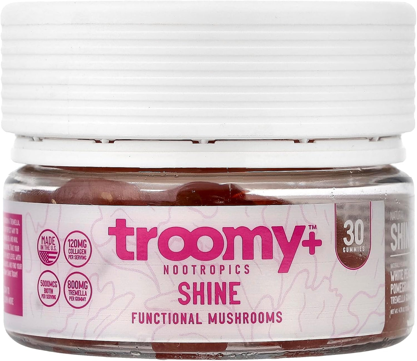 Troomy Shine Tremella Mushroom Gummies with Biotin and Collagen for Hair Skin and Nails, White Peach Pomegranate Flavour, Vegan-Friendly, Gluten-free, Made in USA, Independent Lab Quality-Checked - 30 Count - görsel 1