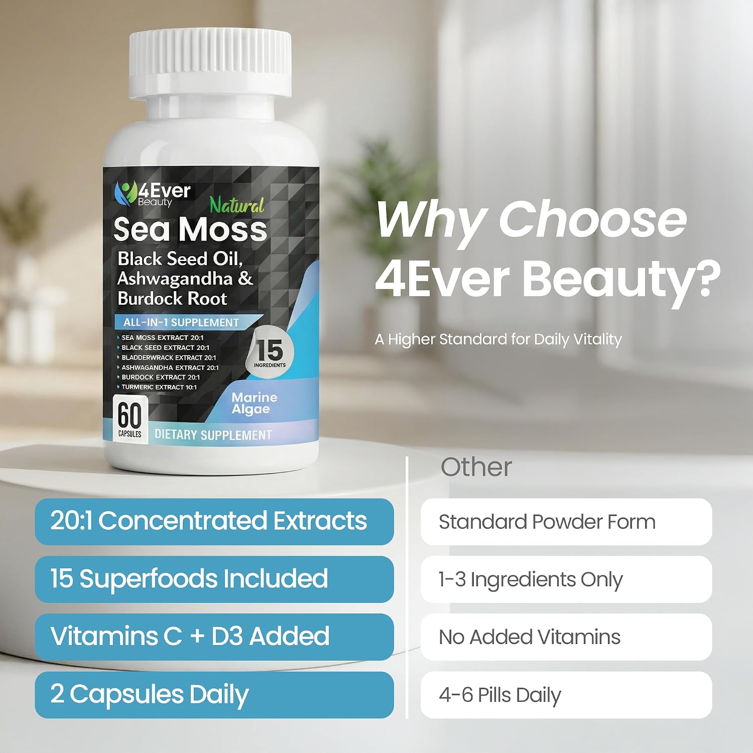4Ever Beauty Sea Moss Capsules with Black Seed Oil & Ashwagandha – Daily Wellness & Vitality Formula, 60 Capsules - görsel 4