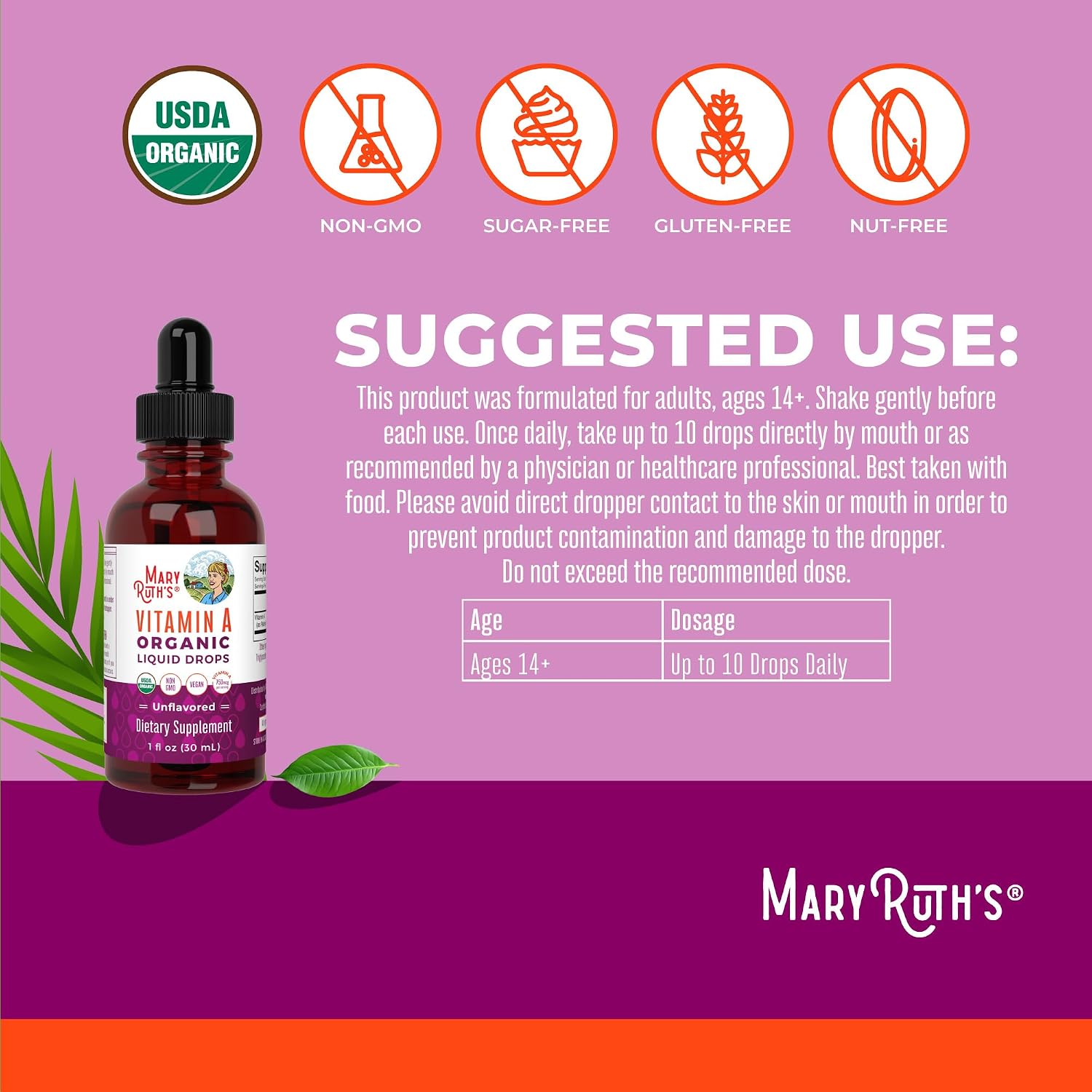 MARYRUTH'S Organics USDA Organic Vitamin A Liquid Drops, 1 oz - görsel 3