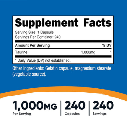 Nutricost Taurine 1000mg Capsules Supplement, 240 Capsules Per Bottle, Non-GMO & Gluten-Free