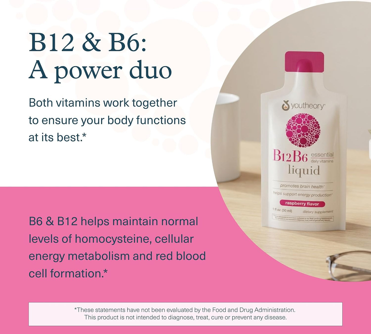 Youtheory Vitamin B12 B6, Daily Energy and Nervous System Support Supplement, Liquid Raspberry Flavour, 12 – 1 oz Single Serving Packets - görsel 4