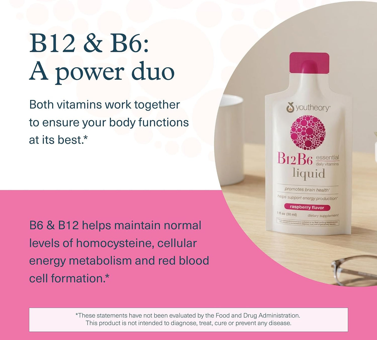 Youtheory Vitamin B12 B6, Daily Energy and Nervous System Support Supplement, Liquid Raspberry Flavour, 12 – 1 oz Single Serving Packets - görsel 4