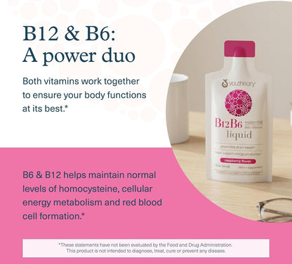 Youtheory Vitamin B12 B6, Daily Energy and Nervous System Support Supplement, Liquid Raspberry Flavour, 12 – 1 oz Single Serving Packets