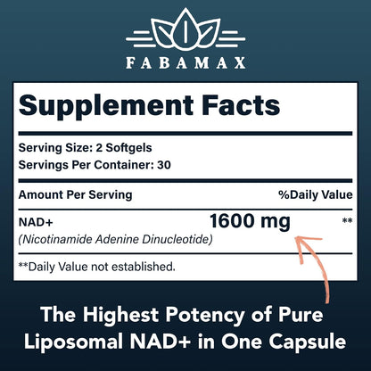 Fabamax 1600 mg Liposomal NAD+ Supplement – 98% Pure NAD+, Superior Absorption, 120 Softgels