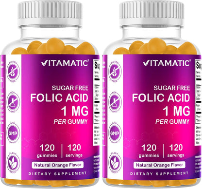 Vitamatic Folic Acid Gummies 1000 mcg (1 mg) - Prenatal Vitamin B9 Supplement, 120 Vegan Gummies (3-Pack)