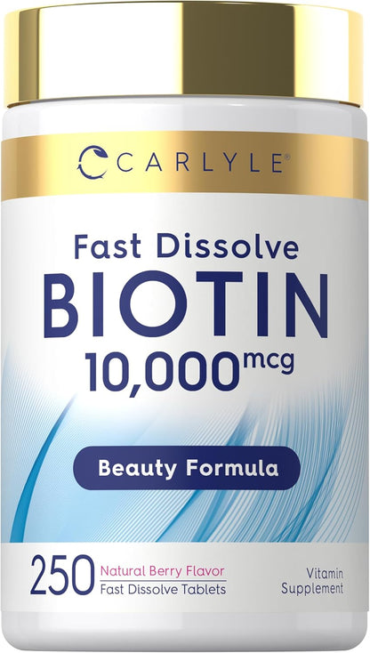 Carlyle Biotin 10000mcg Fast Dissolve Tablets, 250 Count - Max Strength, Vegetarian, Non-GM, Gluten-free