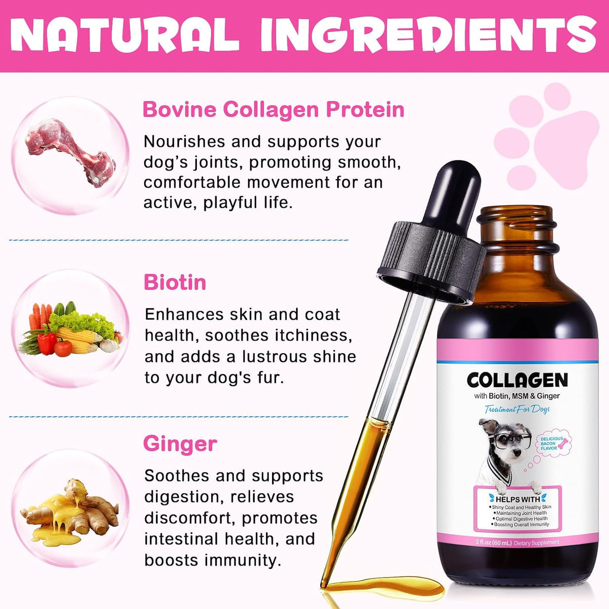 Collagen for Dogs - Liquid Drops with Biotin, MSM and Ginger - 60 ml - görsel 2