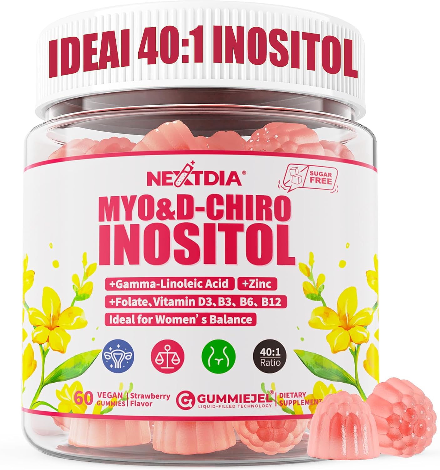 Nextdia Inositol Gummies with Evening Primrose Oil for Women - 40:1 Ratio Myo-Inositol 2000mg & D-Chiro Inositol 50mg with Vitamin D3, B6, B12 & Zinc, Sugar-Free, Vegan (60 Gummies) - görsel 1