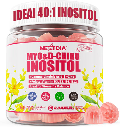 Nextdia Inositol Gummies with Evening Primrose Oil for Women - 40:1 Ratio Myo-Inositol 2000mg & D-Chiro Inositol 50mg with Vitamin D3, B6, B12 & Zinc, Sugar-Free, Vegan (60 Gummies)