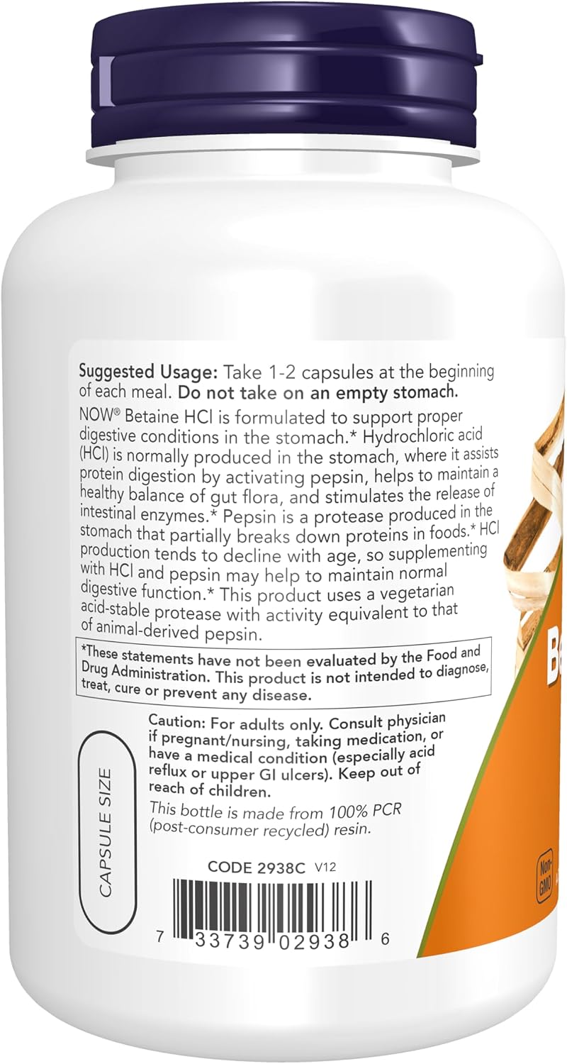 NOW Foods Betaine HCl 648 mg, Vegetarian Formula, 120 Veg Capsules - görsel 3
