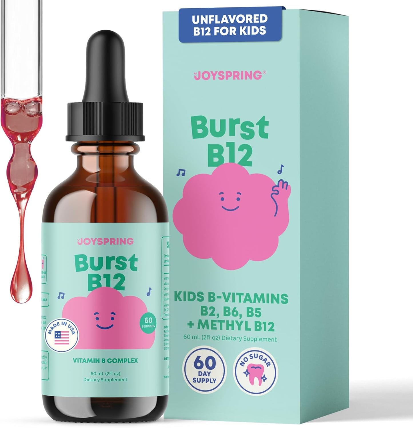 JoySpring Burst B12 Drops - Vitamin B Complex for Kids with Methyl B12, Sugar-Free Liquid, Ages 3-16, 60ml (60 Servings) - görsel 1