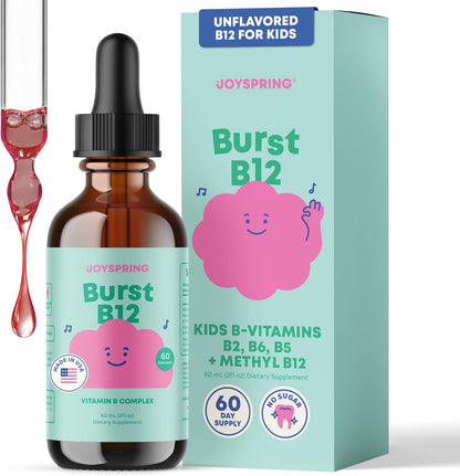 JoySpring Burst B12 Drops - Vitamin B Complex for Kids with Methyl B12, Sugar-Free Liquid, Ages 3-16, 60ml (60 Servings)