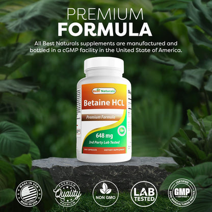 Best Naturals Betaine HCL 648 mg - 250 – Individuals with Low Stomach Acid: Symptoms include bloating, gas, and a – Image 5