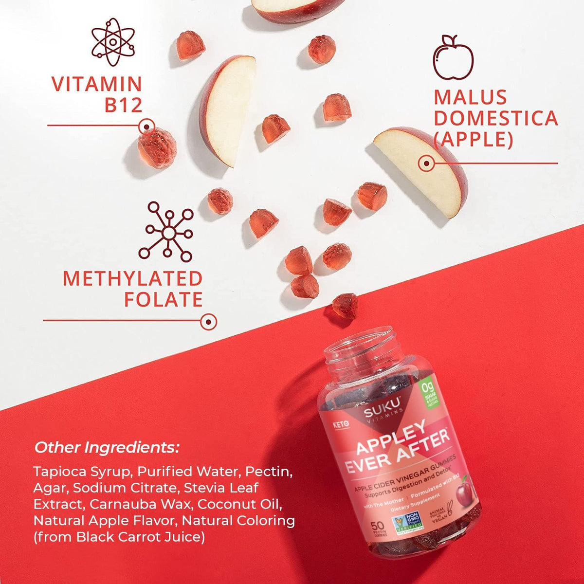 SUKU Appley Ever After Gummies – Apple Cider Vinegar with Methylated B12 & Folate – Sugar-Free, Vegan, Gluten-Free – 50 Gummies - görsel 5