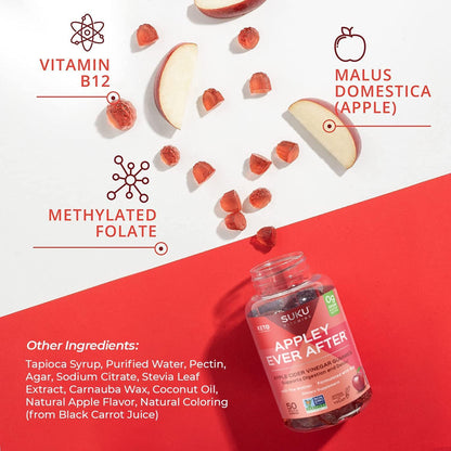 SUKU Appley Ever After Gummies – Apple Cider Vinegar with Methylated B12 & Folate – Sugar-Free, Vegan, Gluten-Free – 50 Gummies