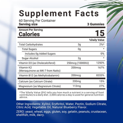 Sugar-Free Vitamin D3 K2 Gummies, 10000 IU Vitamin D3 & 200 mcg Vitamin K2 (MK-7) with Calcium, Magnesium, B12 - Vegan, Non-GMO
