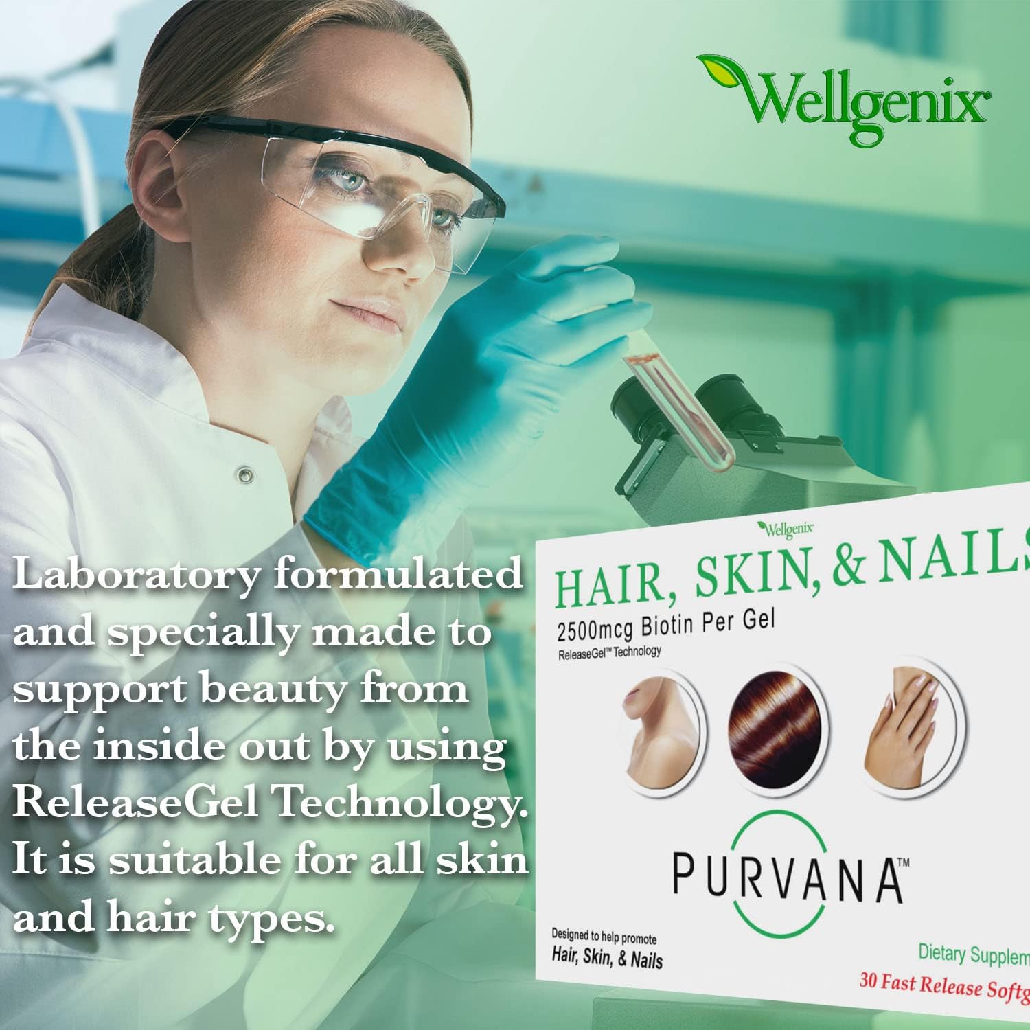 Wellgenix Purvana Hair, Skin and Nails Supplement - 2500mcg Biotin Softgels with MSM & B-Complex (60 Softgels, 2-Pack) - görsel 5