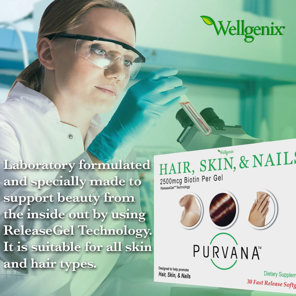 Wellgenix Purvana Hair, Skin and Nails – 2500mcg Biotin Softgels with MSM & B-Complex – 30 Count - görsel 6