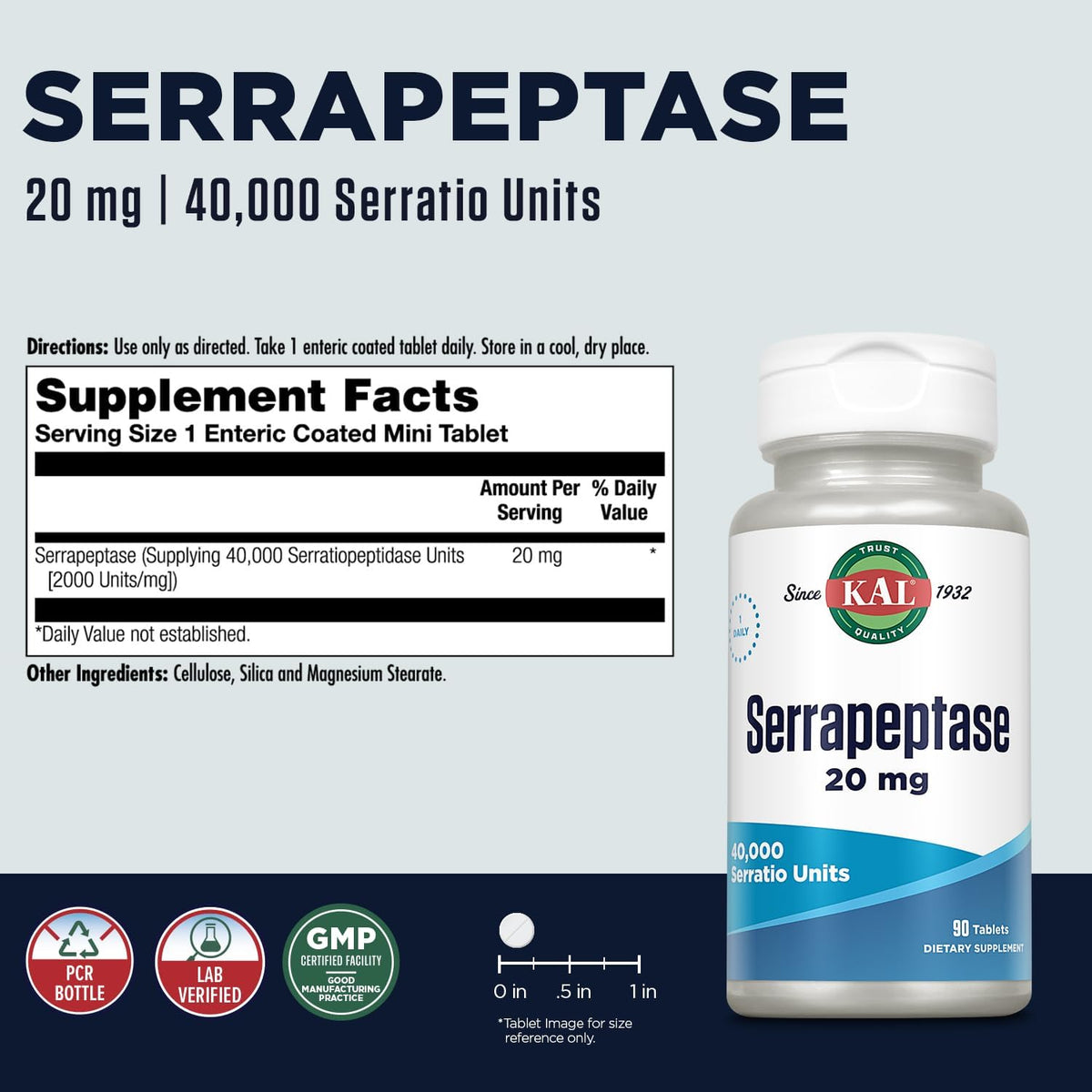 KAL Serrapeptase 20 mg - Proteolytic Digestive Enzymes - 90 Enteric Coated Tablets - görsel 2